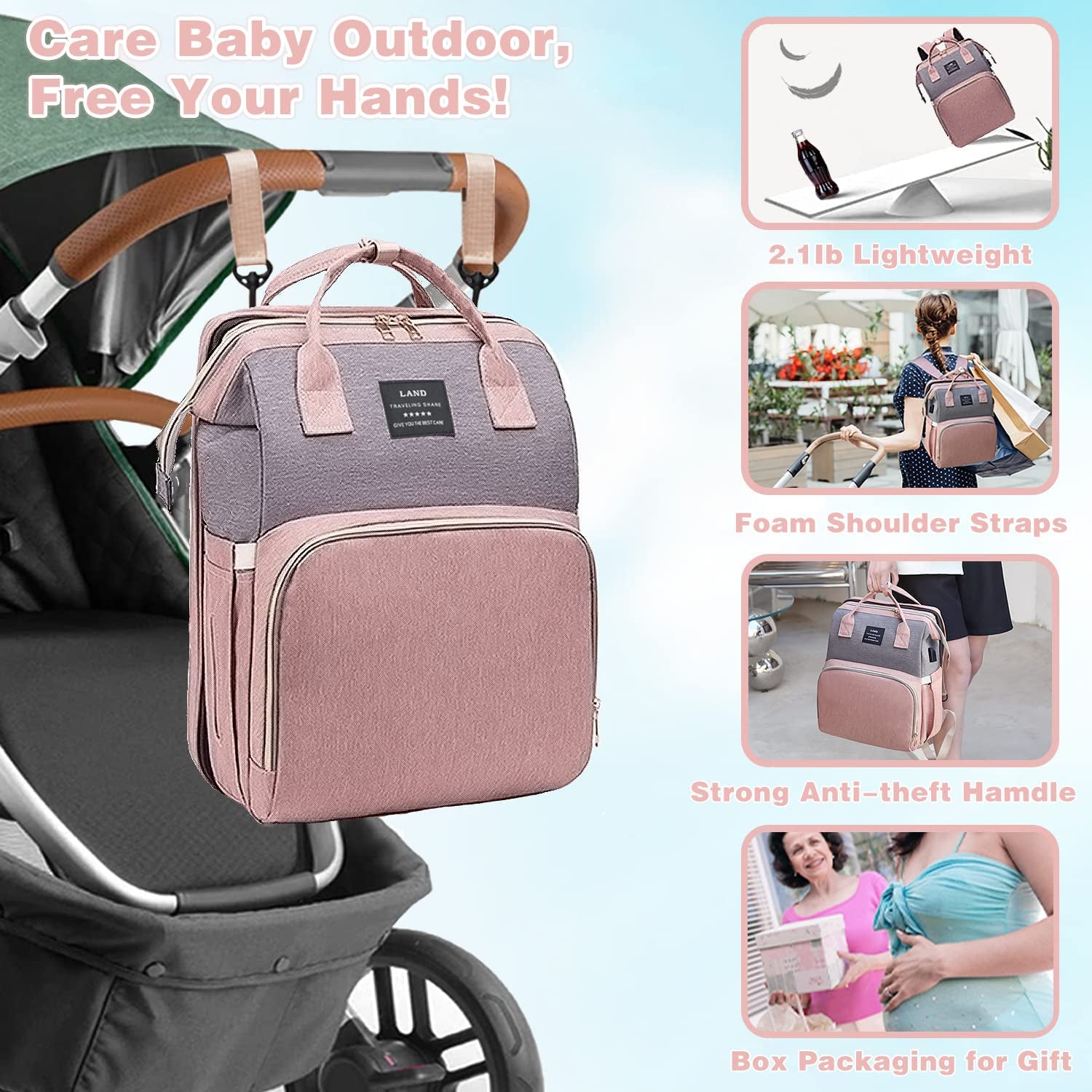 Diaper Bag with Changing Station,Diaper Bag Backpack,7 in 1 Travel Baby Diaper Bag,Mommy Bag with USB Charging Port (Pink-Grey)
