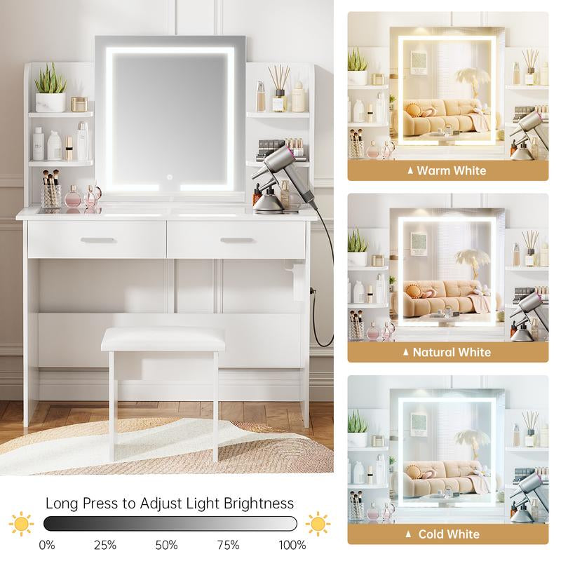 VOWNER Modern Makeup Vanity Desk with Glass Tabletop,Lighted Mirror, 6 Storage Shelves, 2 Large Drawers and Cushioned Stool