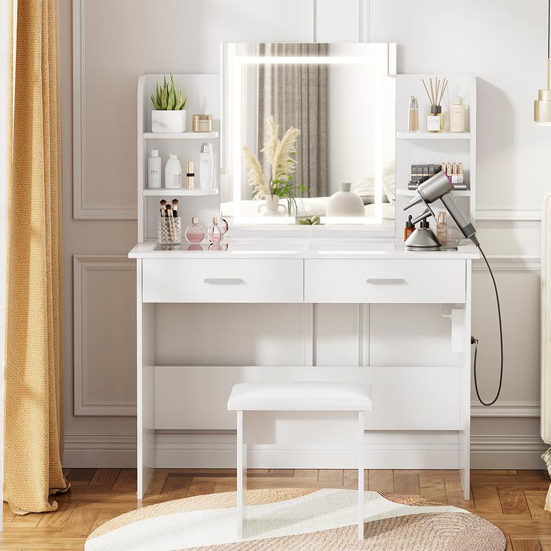 VOWNER Modern Makeup Vanity Desk with Glass Tabletop,Lighted Mirror, 6 Storage Shelves, 2 Large Drawers and Cushioned Stool