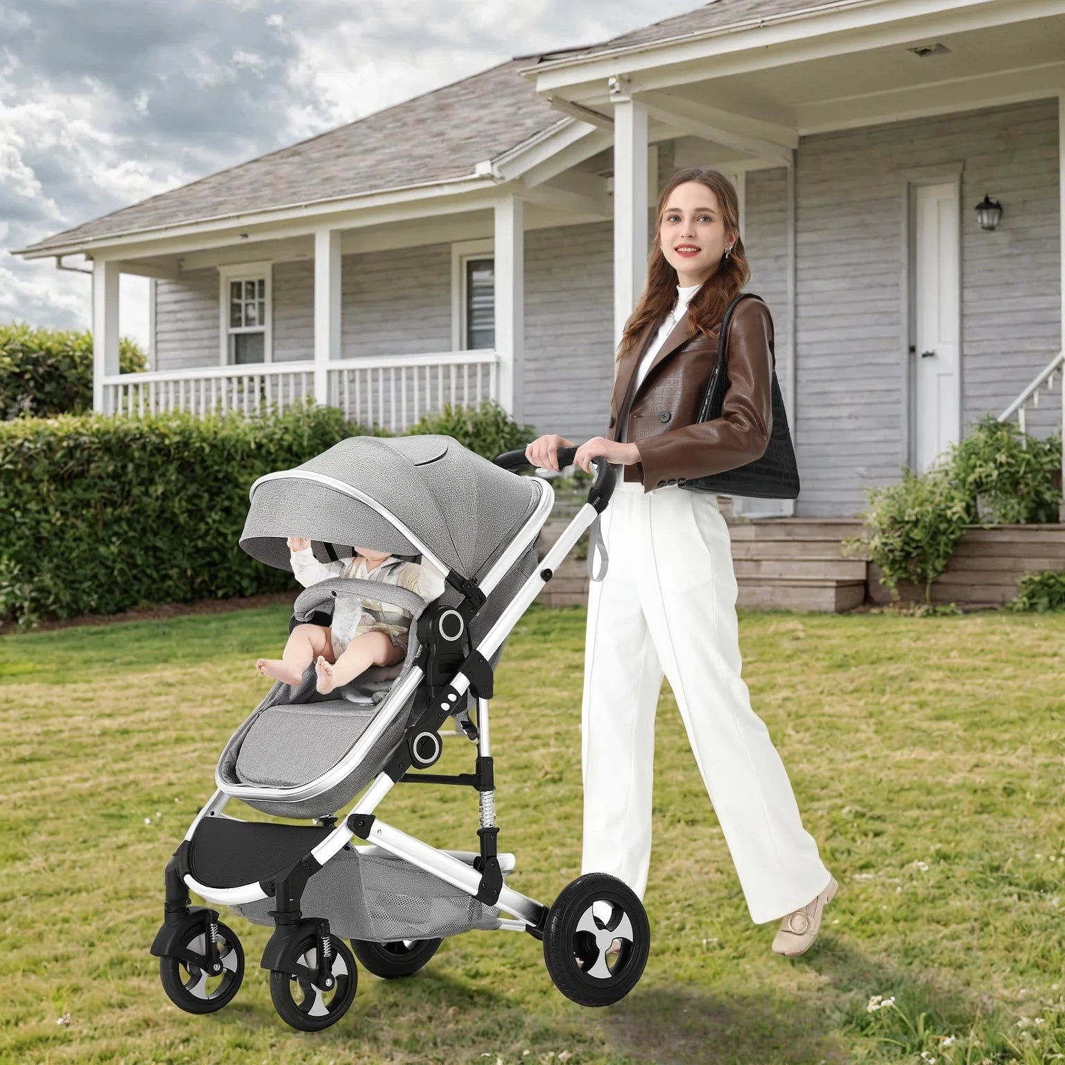 3-In-1 Convertible Baby Stroller with Big Seat and Adjustable Canopy, 24 Pound, Light Grey