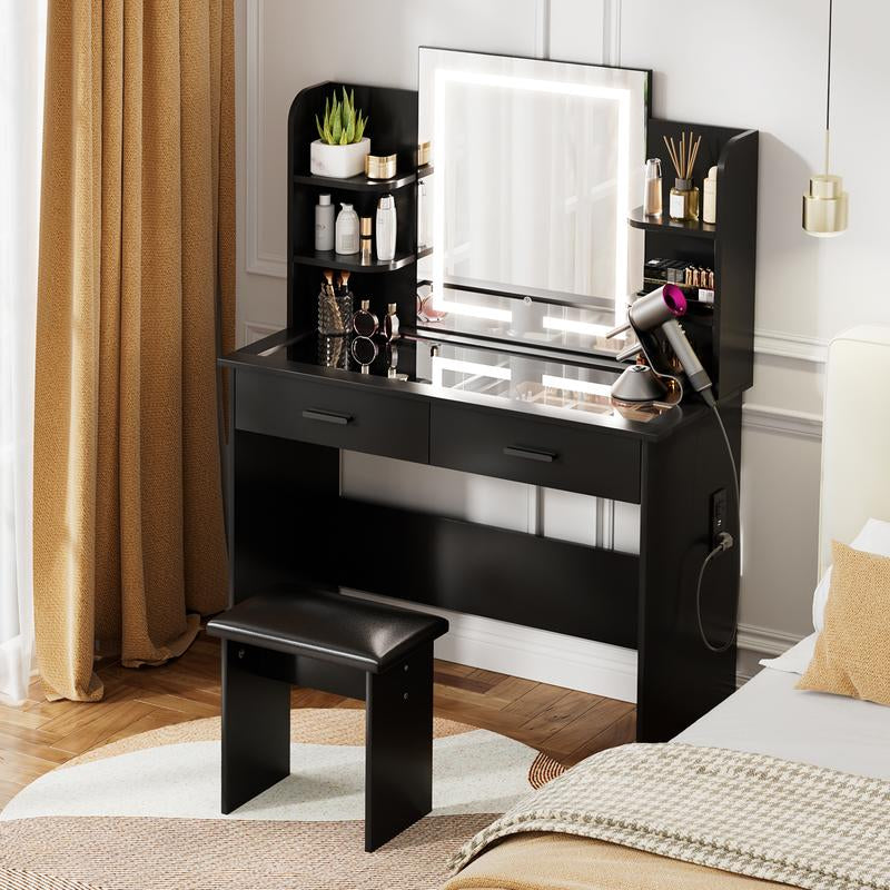 VOWNER Modern Makeup Vanity Desk with Glass Tabletop,Lighted Mirror, 6 Storage Shelves, 2 Large Drawers and Cushioned Stool