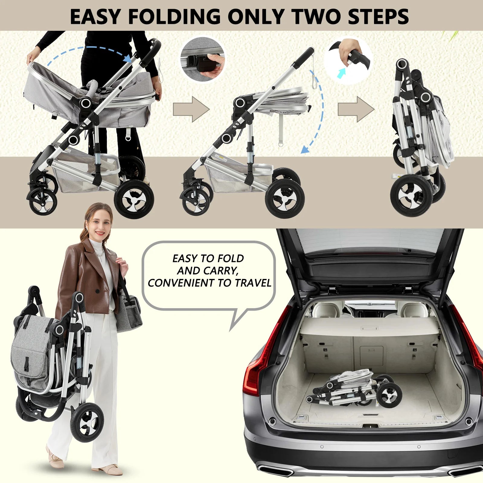 3-In-1 Convertible Baby Stroller with Big Seat and Adjustable Canopy, 24 Pound, Light Grey