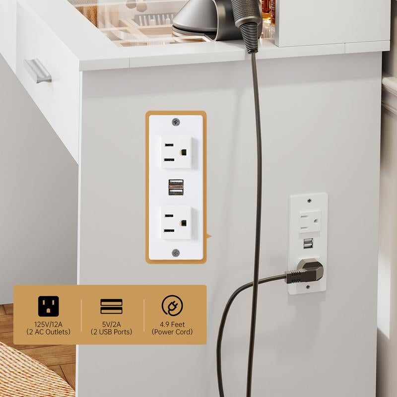 VOWNER Modern Makeup Vanity Desk with Glass Tabletop,Lighted Mirror, 6 Storage Shelves, 2 Large Drawers and Cushioned Stool