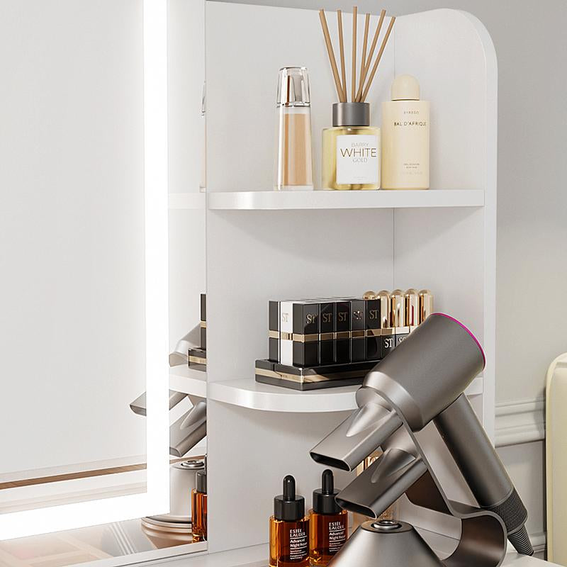 VOWNER Modern Makeup Vanity Desk with Glass Tabletop,Lighted Mirror, 6 Storage Shelves, 2 Large Drawers and Cushioned Stool