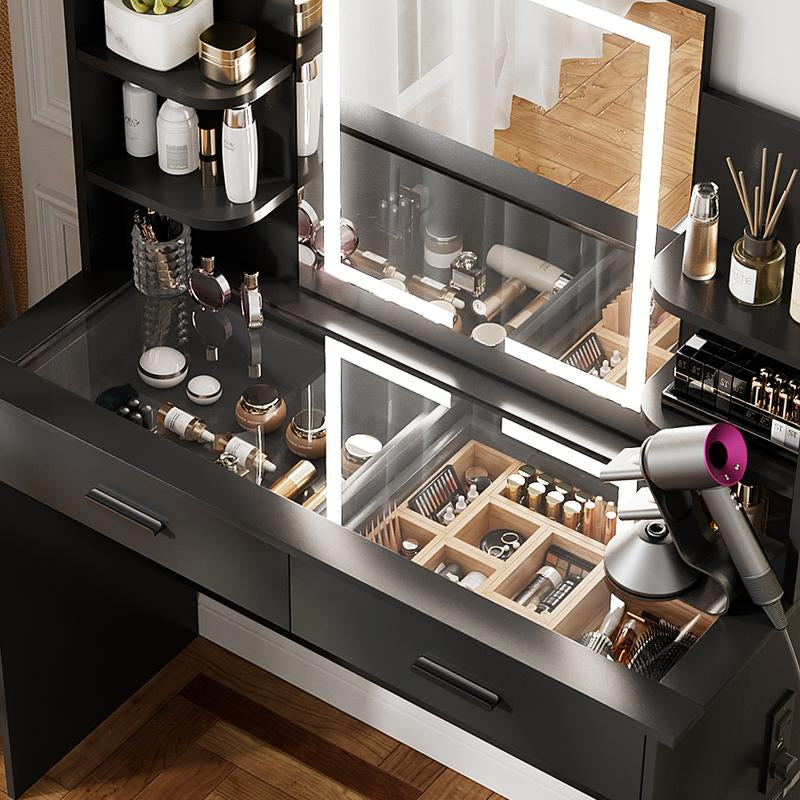 VOWNER Modern Makeup Vanity Desk with Glass Tabletop,Lighted Mirror, 6 Storage Shelves, 2 Large Drawers and Cushioned Stool
