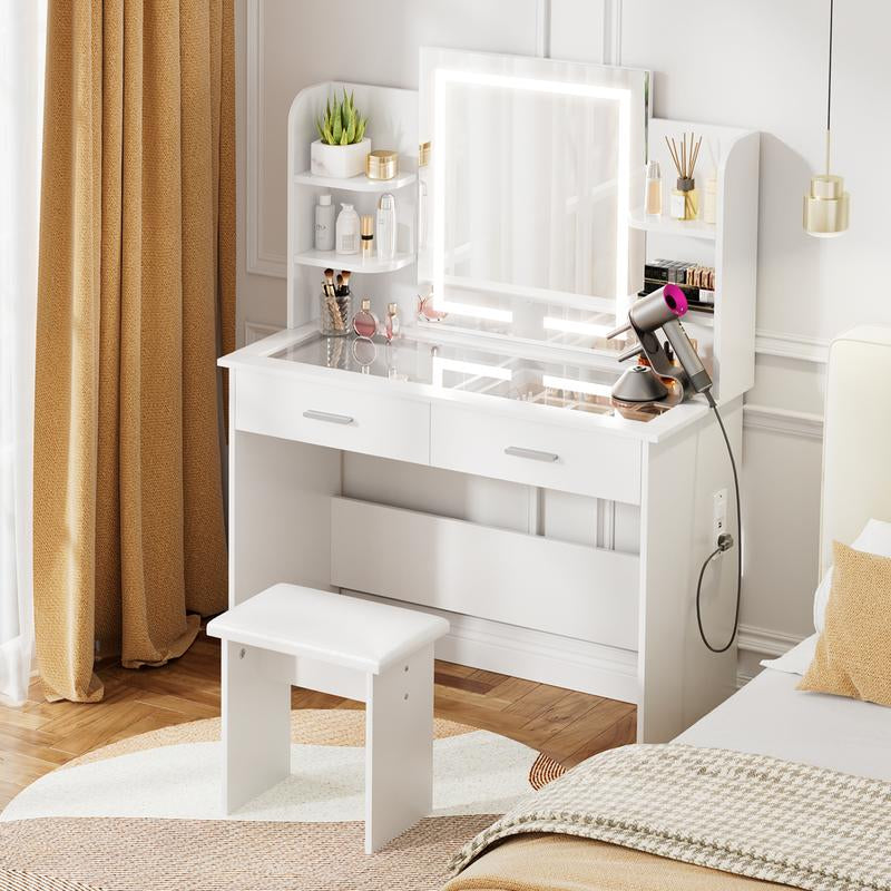 VOWNER Modern Makeup Vanity Desk with Glass Tabletop,Lighted Mirror, 6 Storage Shelves, 2 Large Drawers and Cushioned Stool