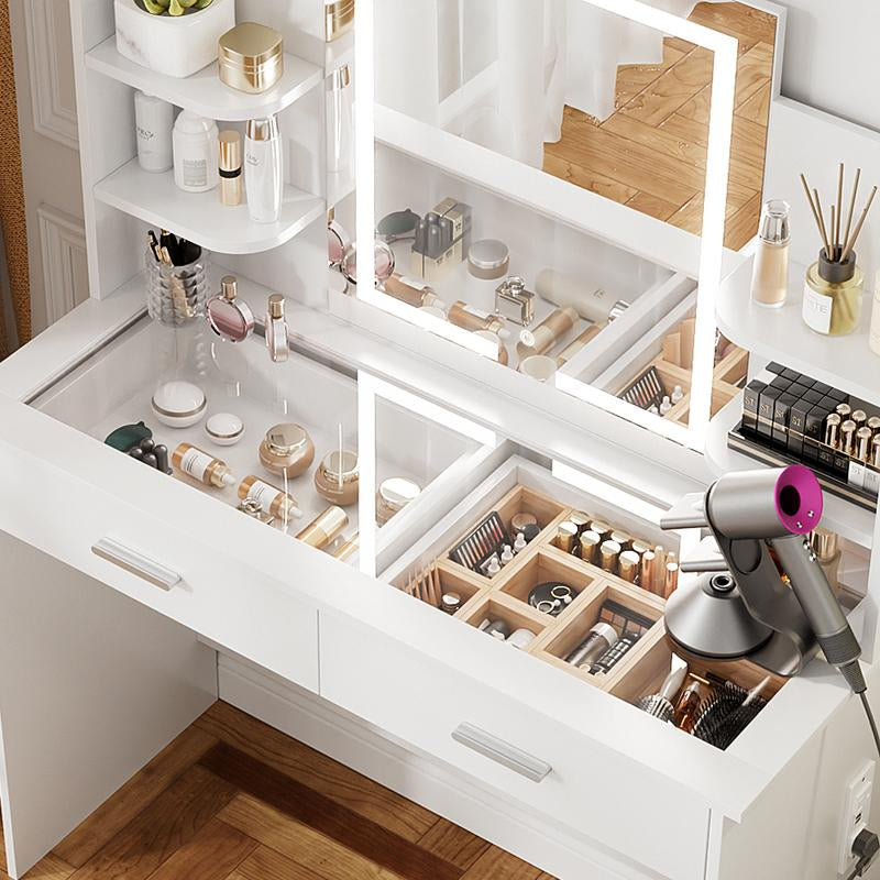 VOWNER Modern Makeup Vanity Desk with Glass Tabletop,Lighted Mirror, 6 Storage Shelves, 2 Large Drawers and Cushioned Stool