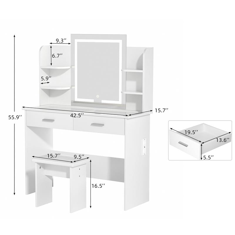 VOWNER Modern Makeup Vanity Desk with Glass Tabletop,Lighted Mirror, 6 Storage Shelves, 2 Large Drawers and Cushioned Stool