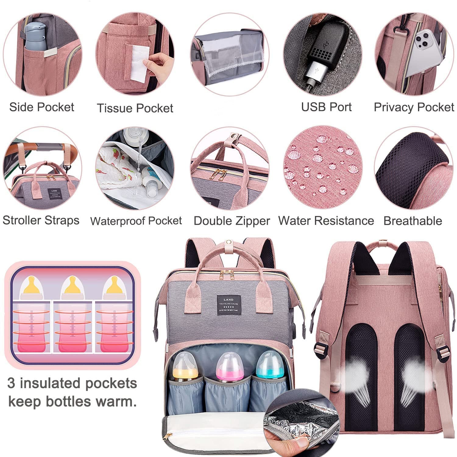 Diaper Bag with Changing Station,Diaper Bag Backpack,7 in 1 Travel Baby Diaper Bag,Mommy Bag with USB Charging Port (Pink-Grey)
