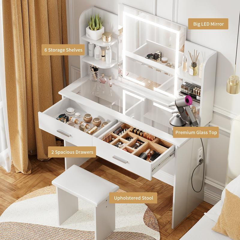 VOWNER Modern Makeup Vanity Desk with Glass Tabletop,Lighted Mirror, 6 Storage Shelves, 2 Large Drawers and Cushioned Stool