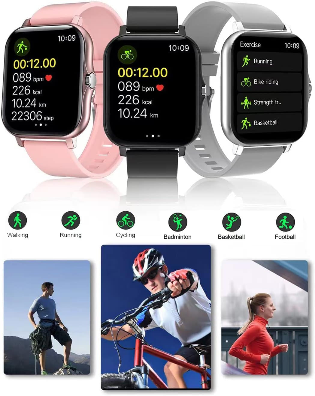 Smart Fitness Tracker Watch for Android/iOS - IP68 Waterproof, Heart Rate, Blood Oxygen, and Sleep Monitoring, 8 Sports Modes, Breathing Exercises, Weather Updates - 1.69-Inch Display for Men and Women (Rose Gold)